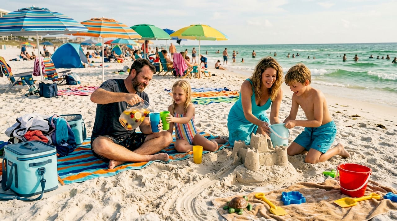 Family enjoying morning on Destin beach