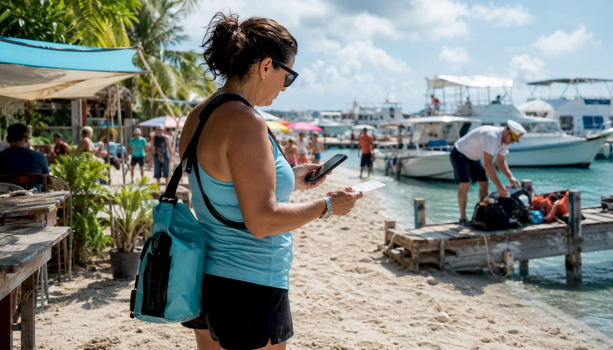 Tourist confirming meeting point at marina dock