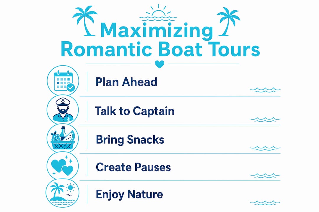 Infographic illustrating steps to maximize romantic boat tours