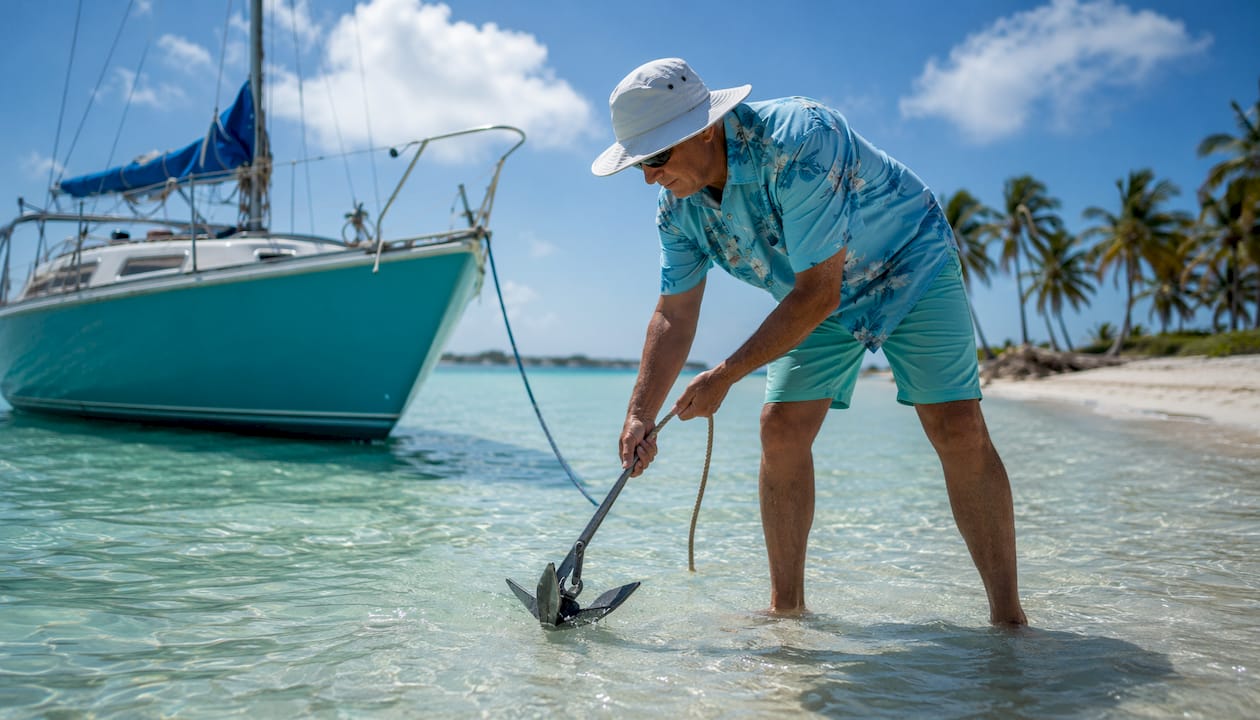 Sailor securing fluke anchor in sandbar shallow water