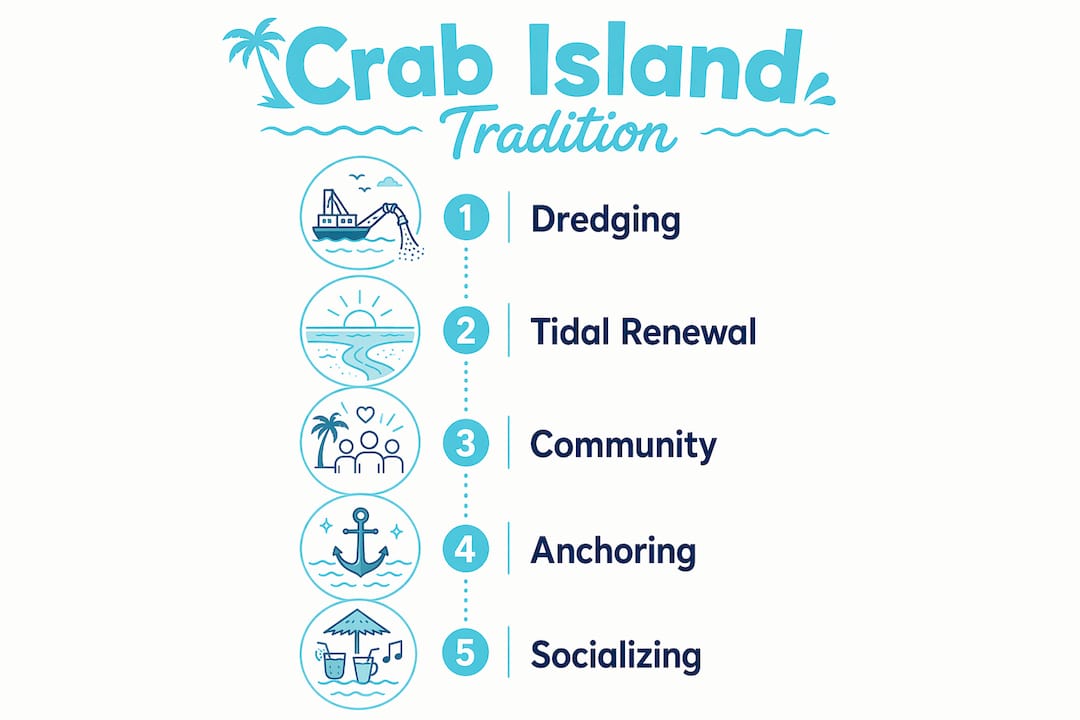 Infographic illustrating key steps of the Crab Island anchoring tradition