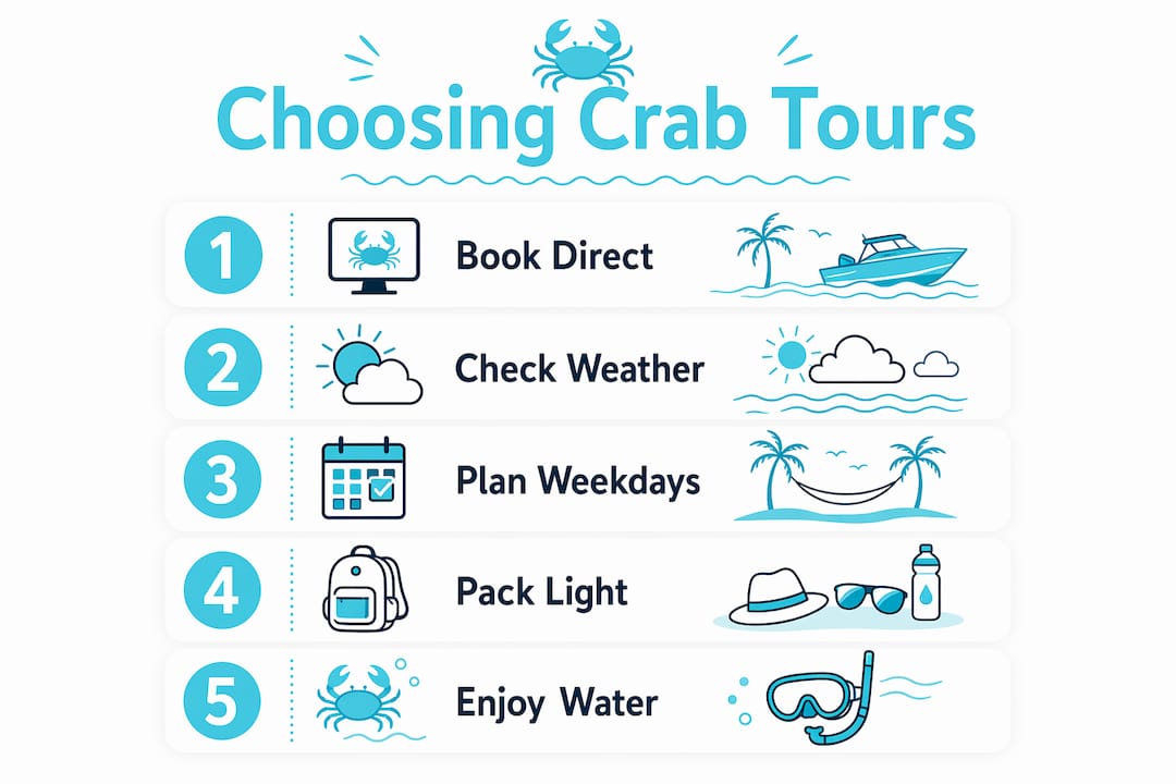 Infographic illustrating budget-friendly Crab Island tour booking steps