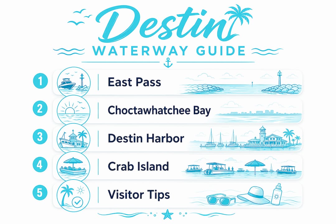 Infographic showing key Destin Waterway stages and locations