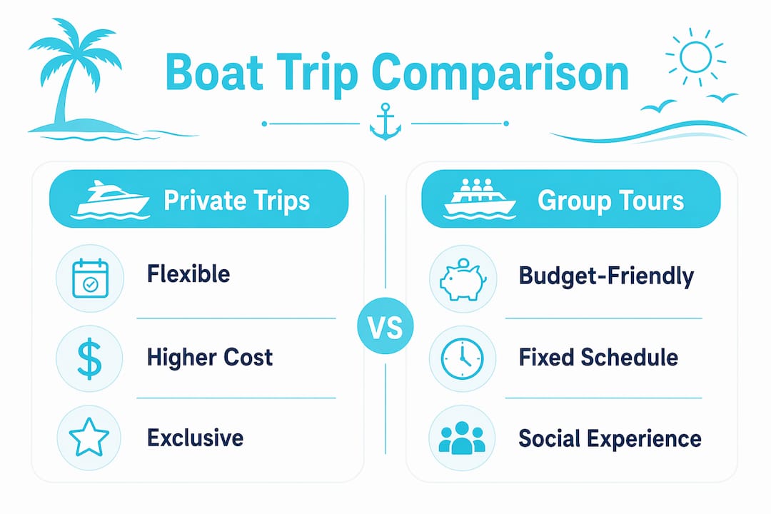 Infographic comparing private boat trips and group tours