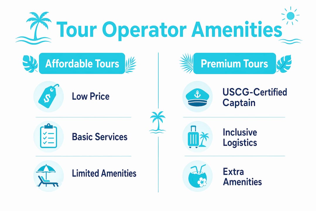Comparison infographic of boat tour operator amenities