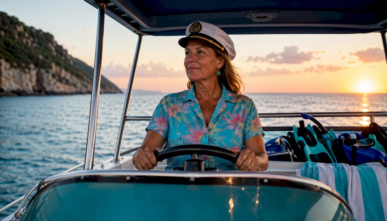 Captain steering boat smoothly near Crab Island