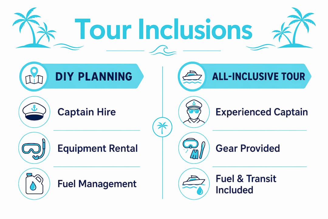 Comparison of DIY planning vs all-inclusive boat tour benefits