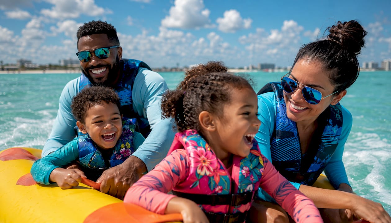 Family enjoying kid-friendly pontoon boat tour