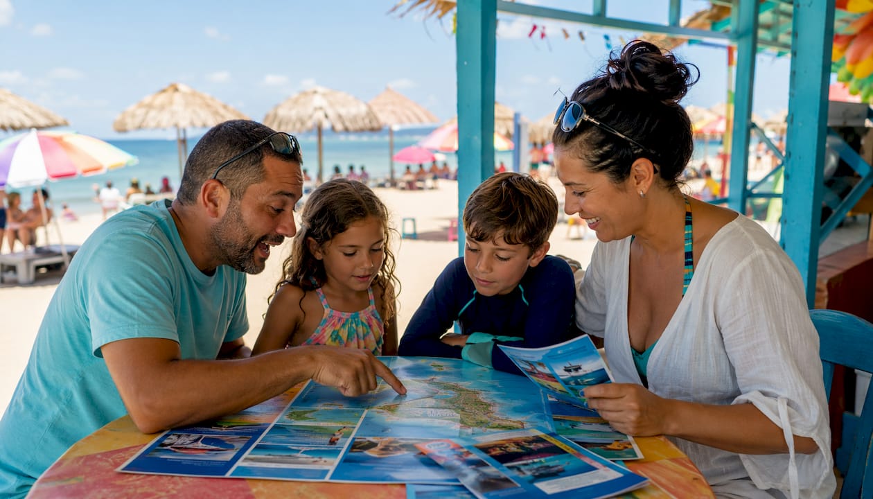 Family reviewing water tour brochures at marina