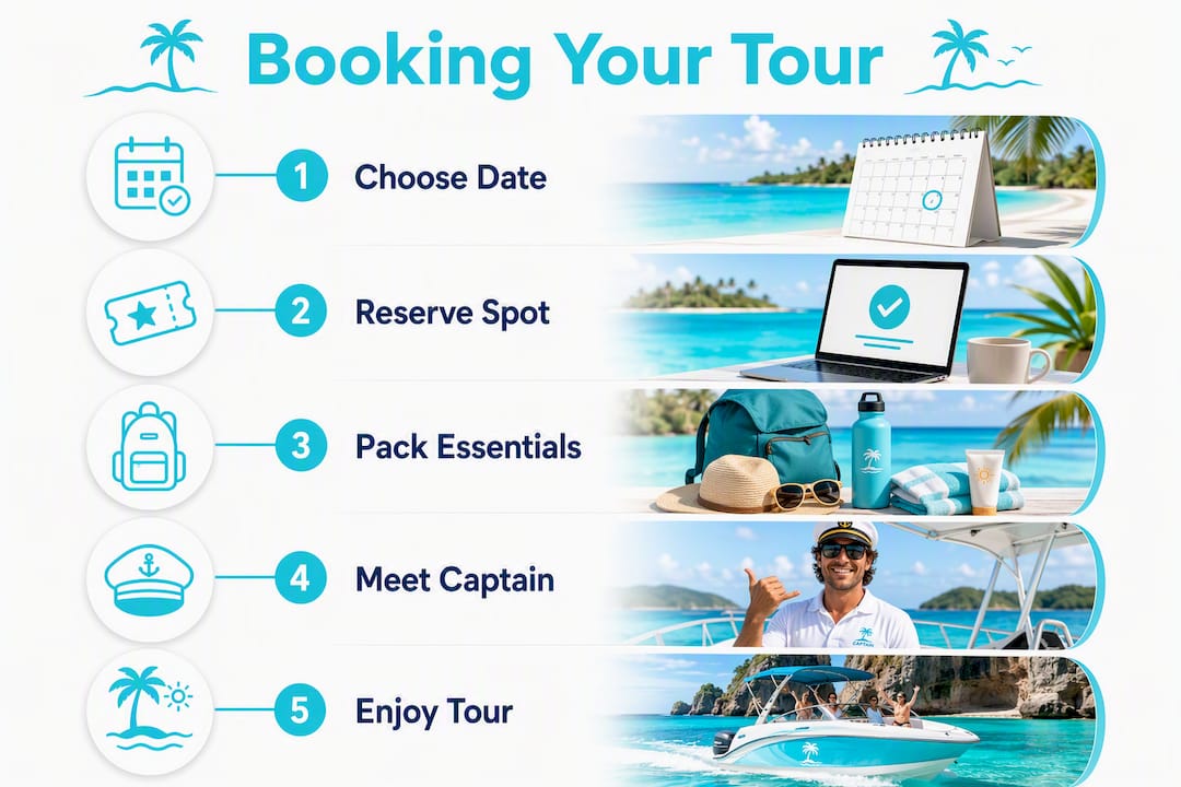 Infographic outlining steps to book and enjoy Crab Island tour