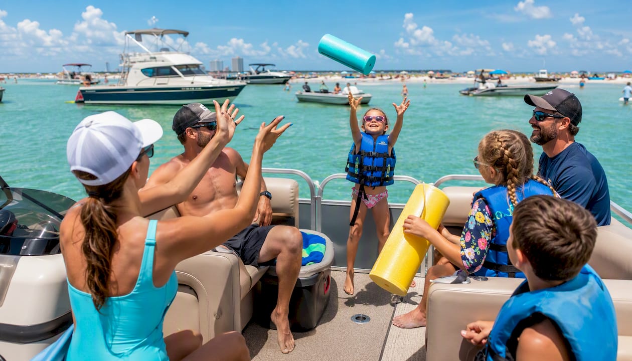 Pontoon boat near Crab Island sandbar with passengers