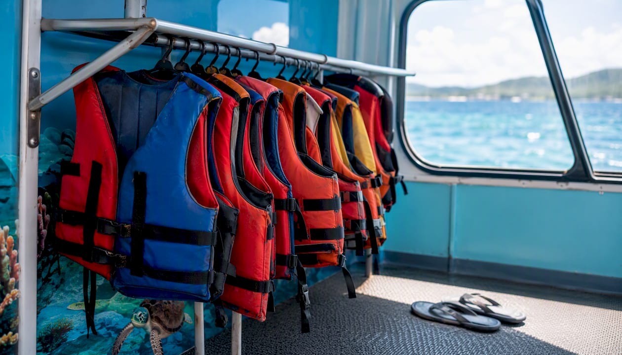 Life jackets hanging on boat wall