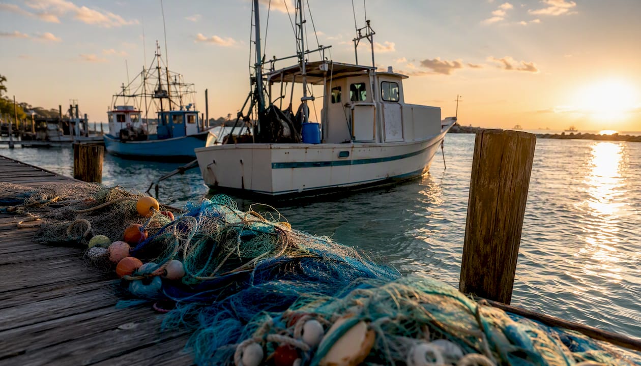 Fishing boats anchored in Destin harbor at sunrise
