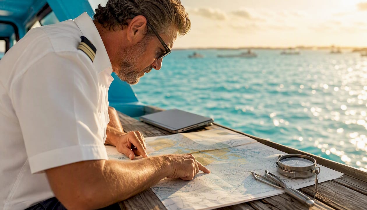 Captain reviewing navigation charts inside boat cabin