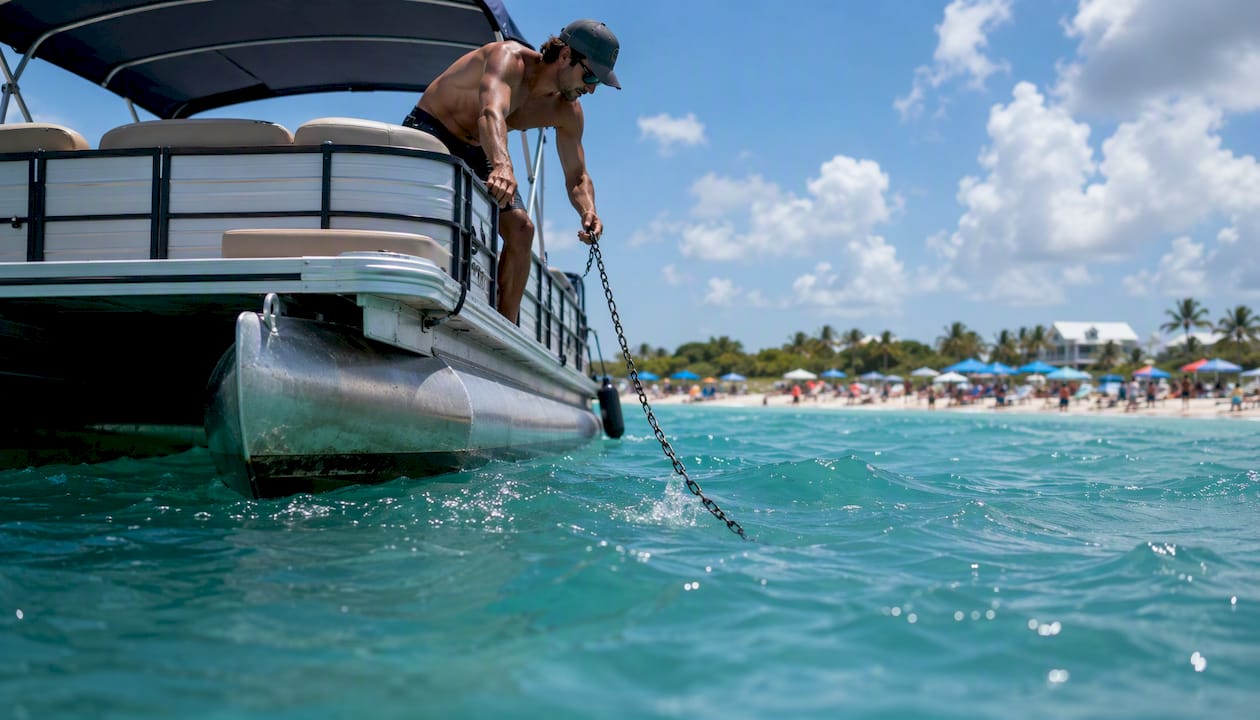 Renter lowering anchor on pontoon boat in choppy water