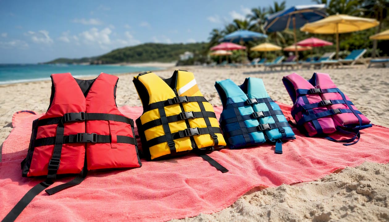 Children's Type I, II, III life jackets on boat deck