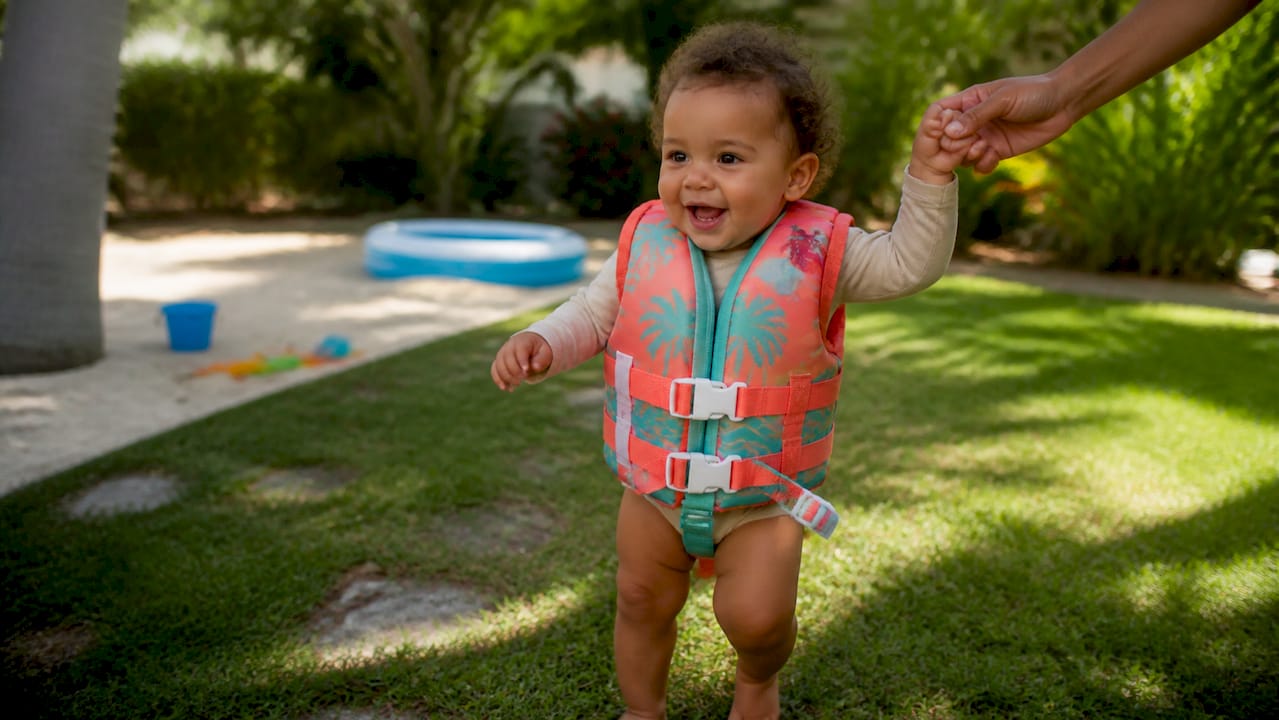 Toddler walking indoors in life jacket