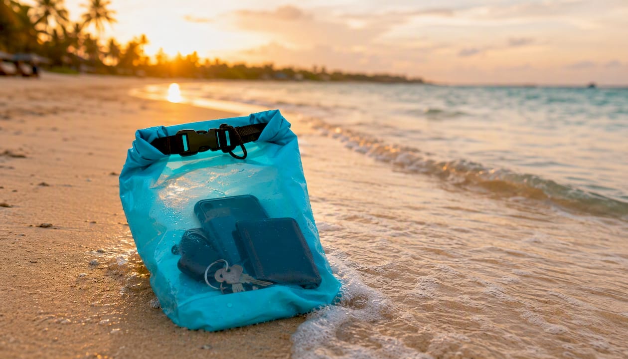 Waterproof dry bag protecting phone in shallow water