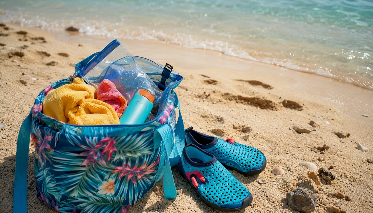 Beach essentials spilled on sand near water