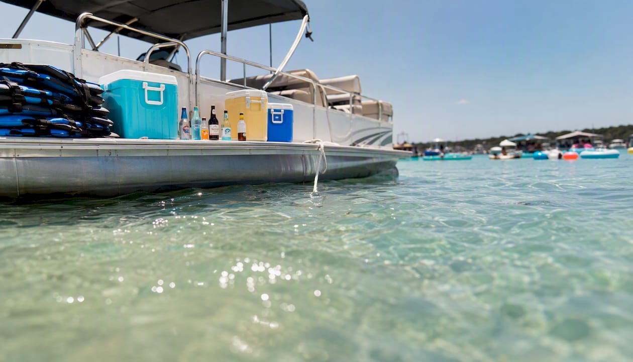 Pontoon boat with coolers at Crab Island sandbar