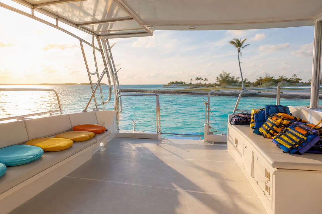 Boat deck with seat cushions and life jackets