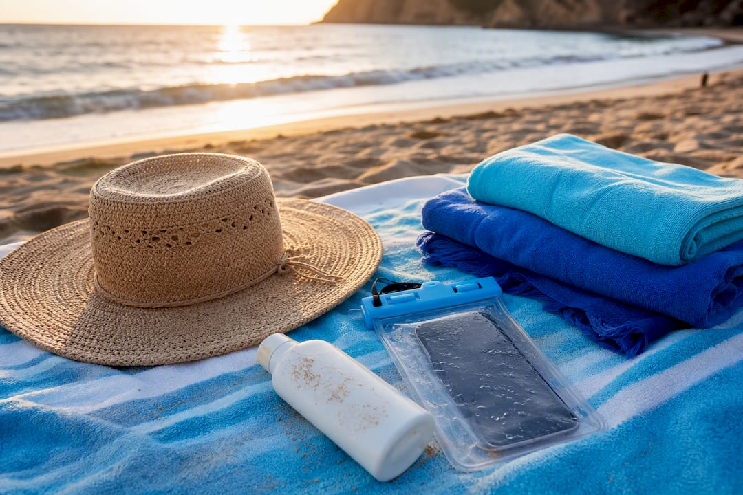Beach essentials including sunscreen, hat and waterproof case