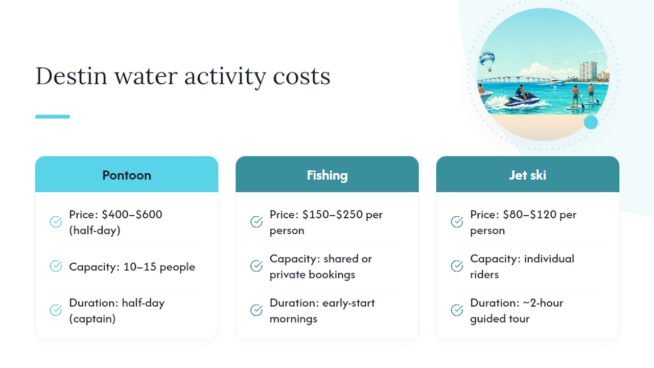 Cost and group size comparison of water activities