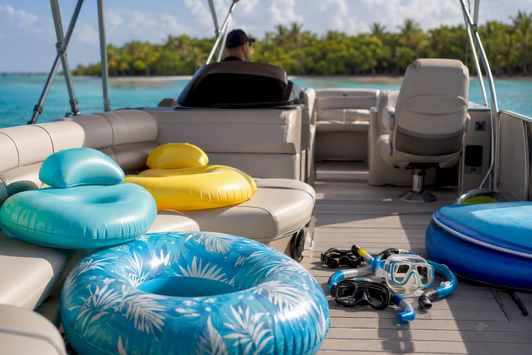 Pontoon boat deck with floats and snorkeling gear