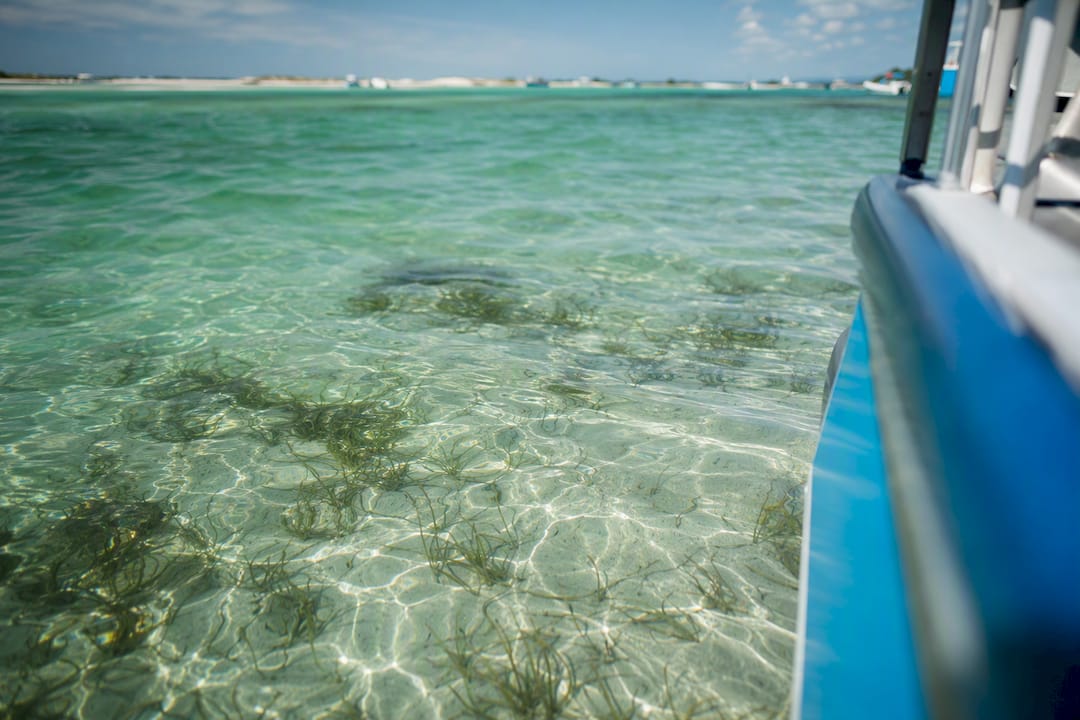 Clear green water over Crab Island sandbar at high tide