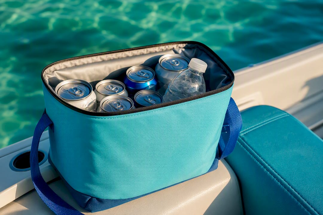 Soft cooler with cans beside turquoise water