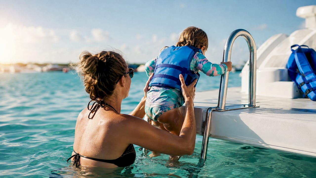 Parent helping child climb boat ladder
