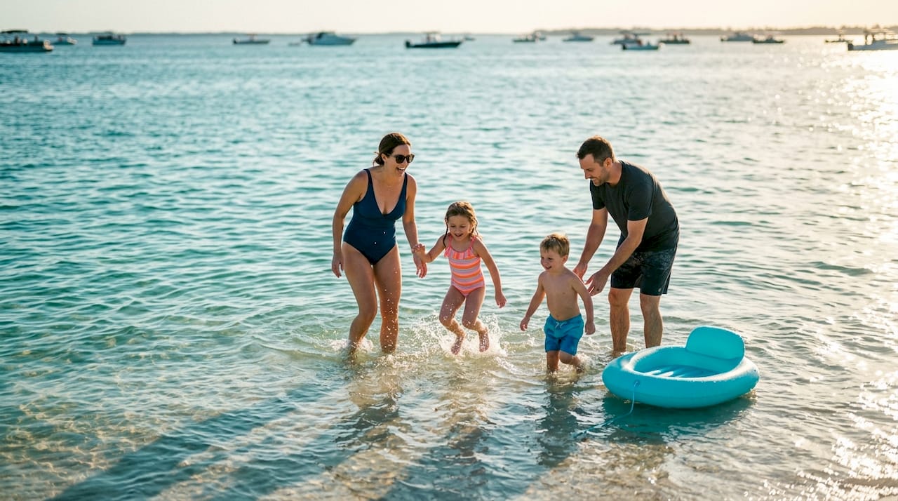 Family playing in shallow Crab Island water