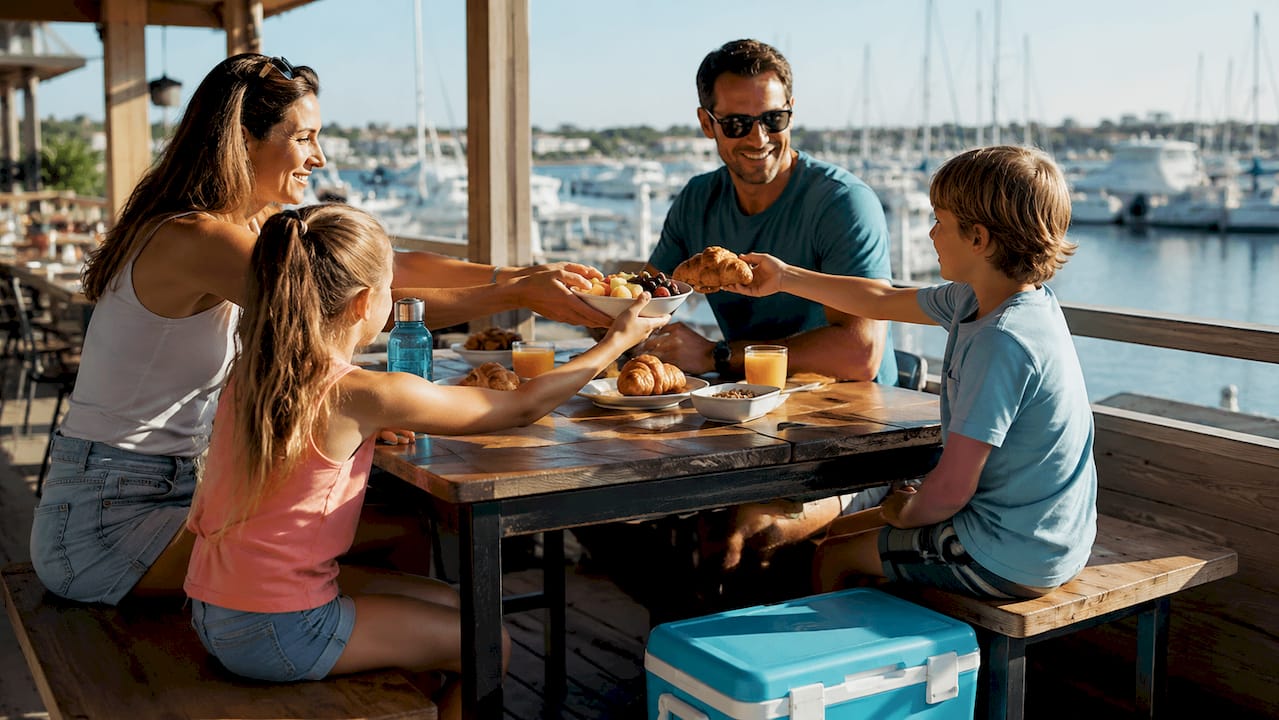 Family eating breakfast near Destin marina
