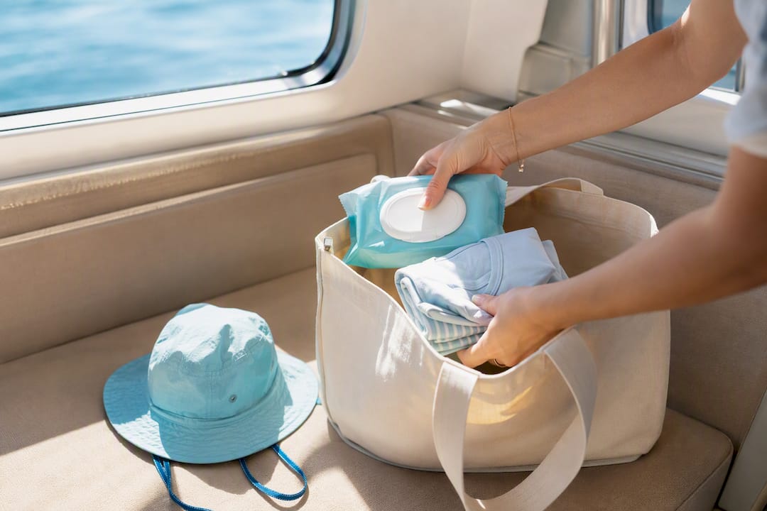 Parent packing wipes and spare child outfit