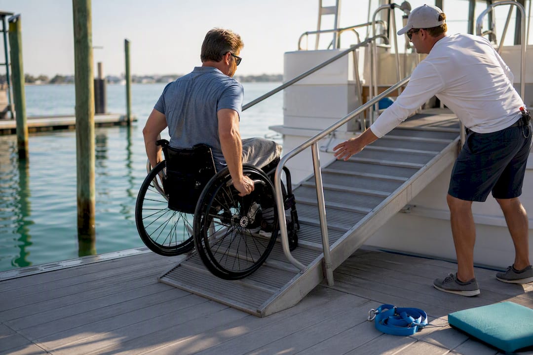 Traveler using accessible boat boarding ramp