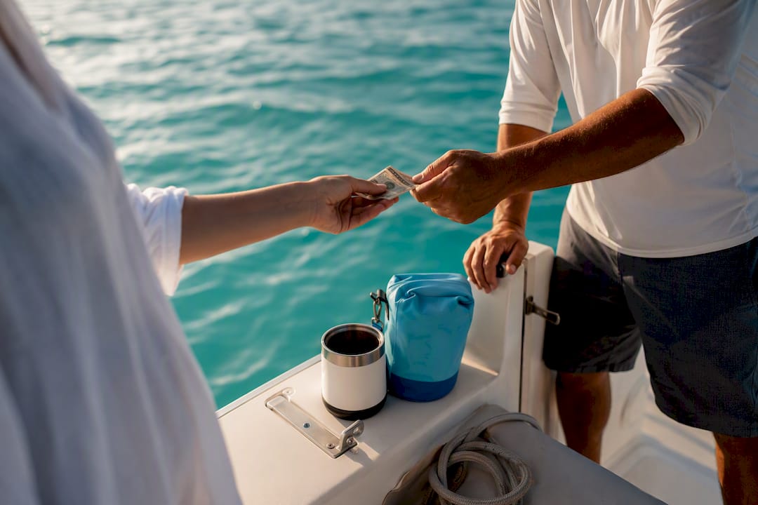 Tourist handing cash tip to boat captain