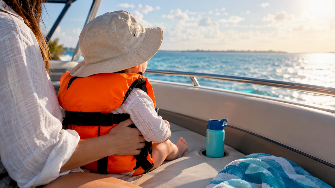 Caregiver positioning baby toward boat horizon