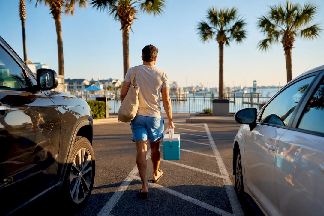 Traveler walking from parking toward Destin Harbor