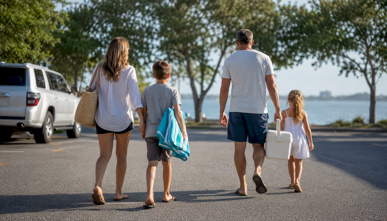 Family walking from parking toward waterfront