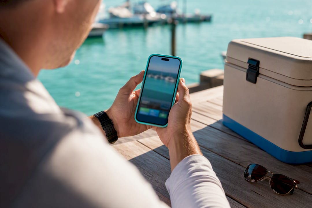 Traveler checking a live harbor cam