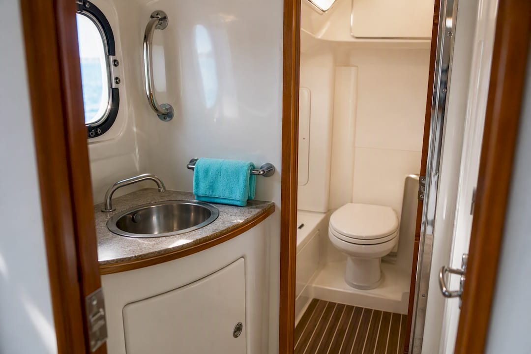 Clean onboard restroom on family tour