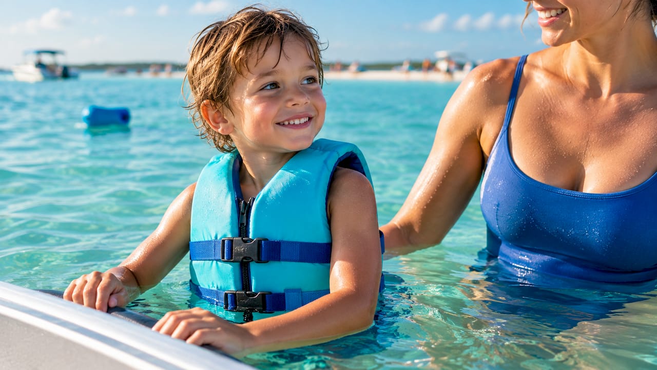 Child wearing life jacket in Crab Island shallows