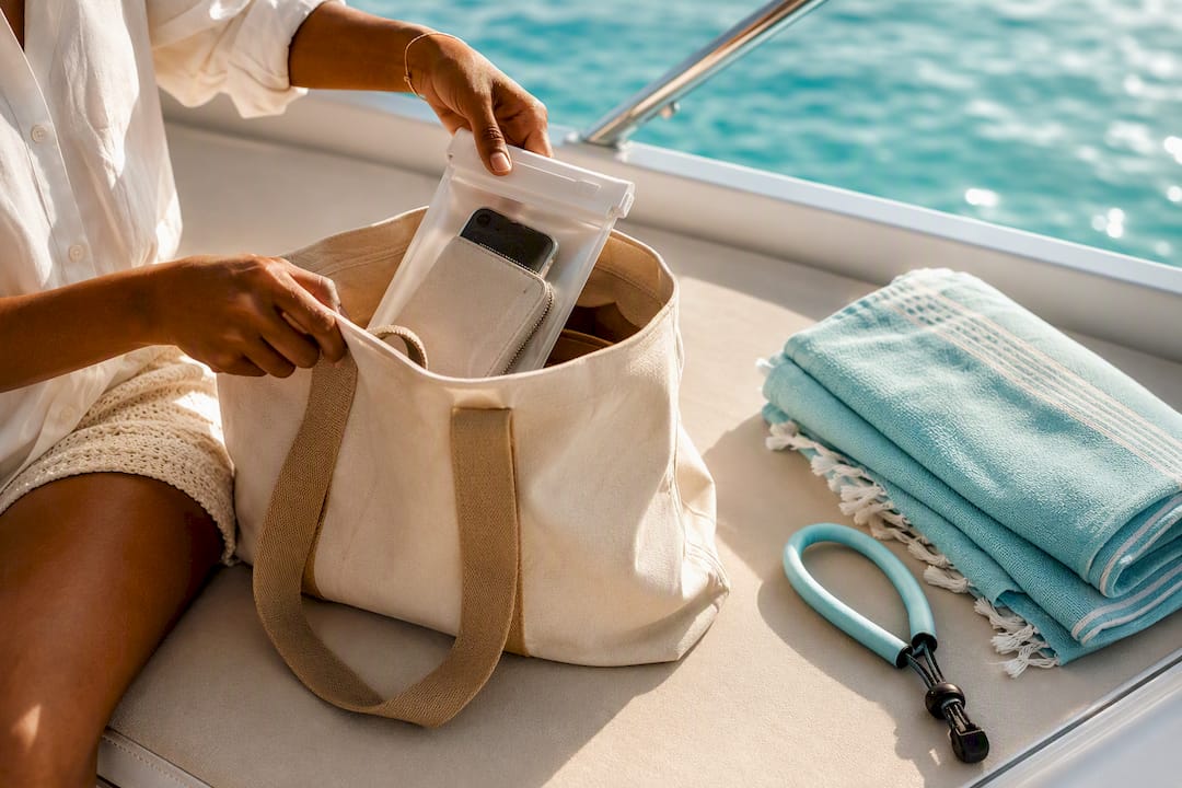 Hands securing valuables in waterproof pouch