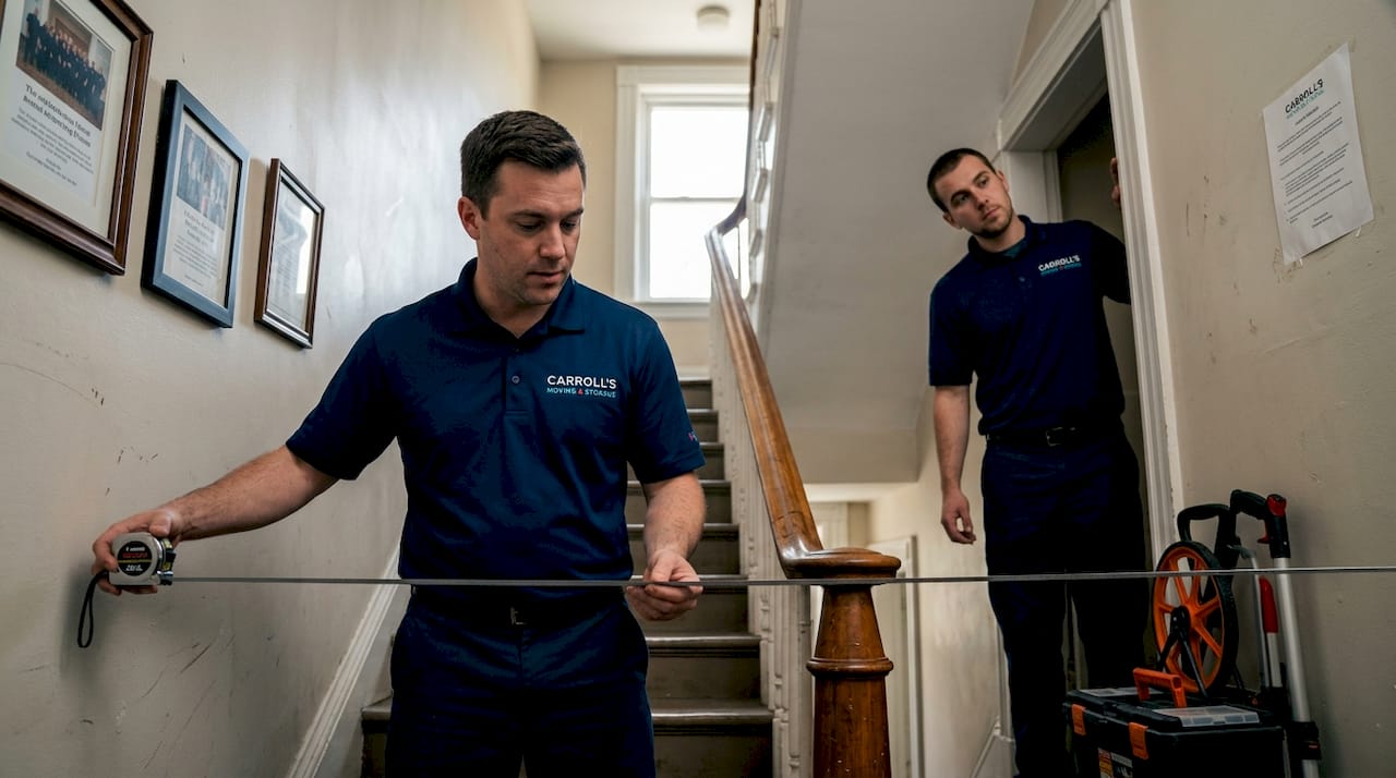 Mover measuring stairway and doorway before move
