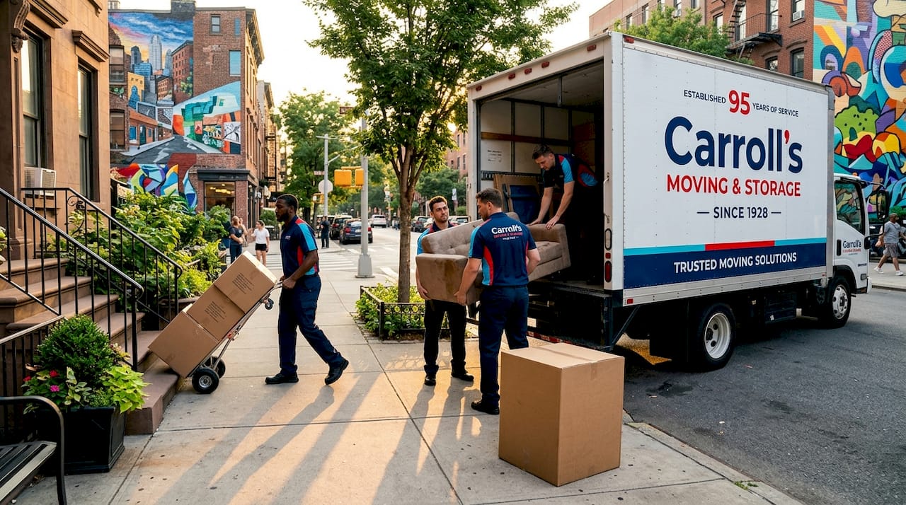 Movers loading truck with household items curbside