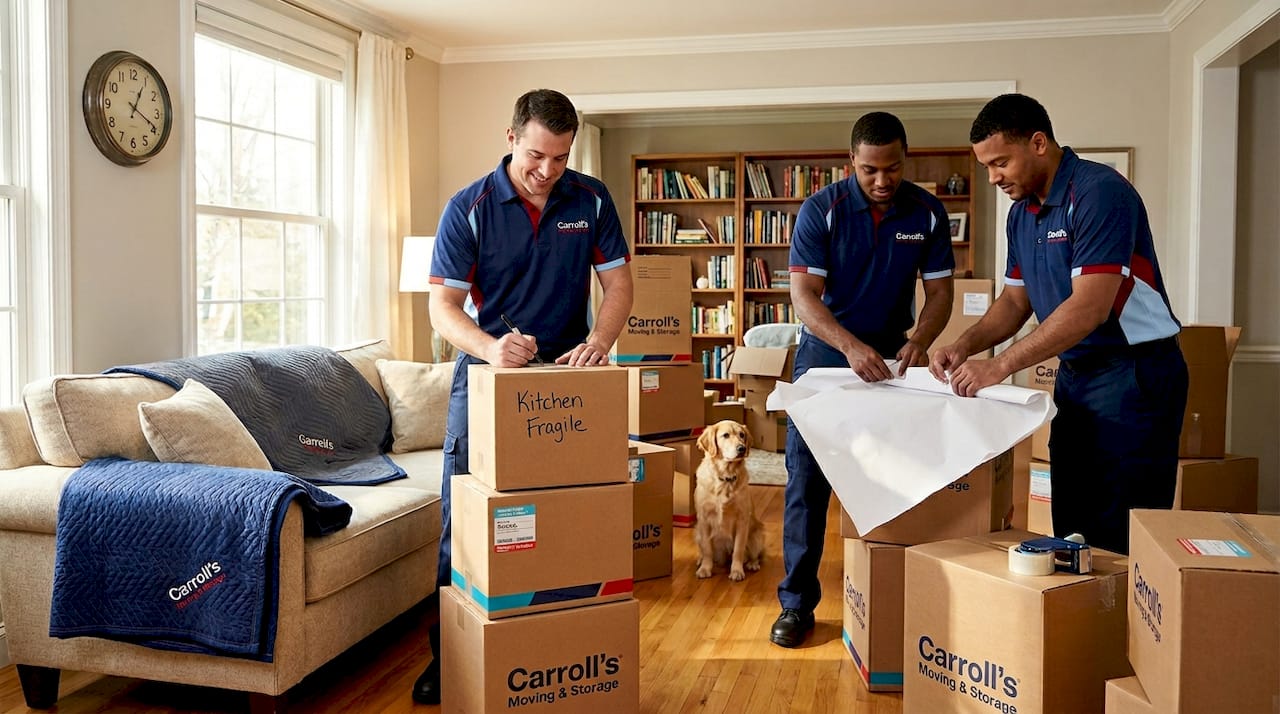 Moving team labeling and packing kitchen boxes