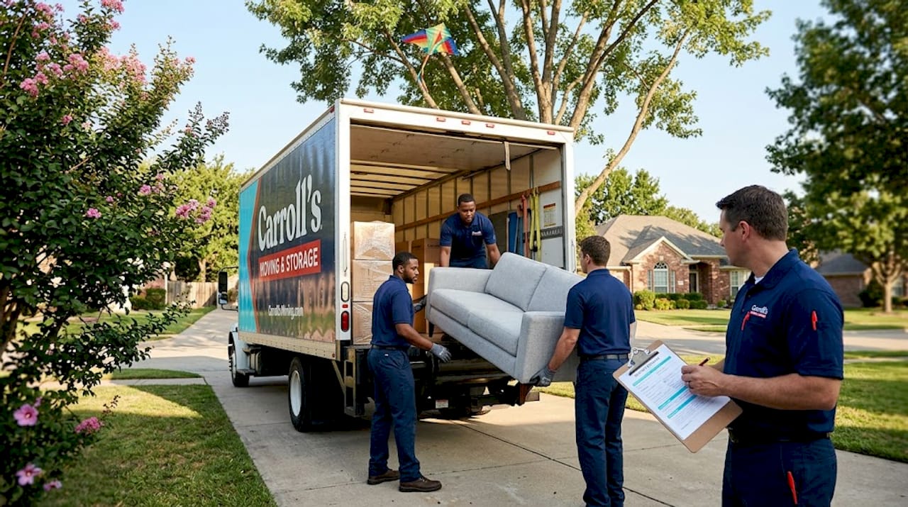 Movers loading truck on suburban driveway