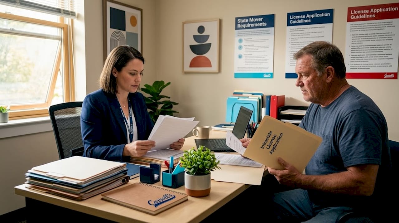 Employee checks mover’s state license application