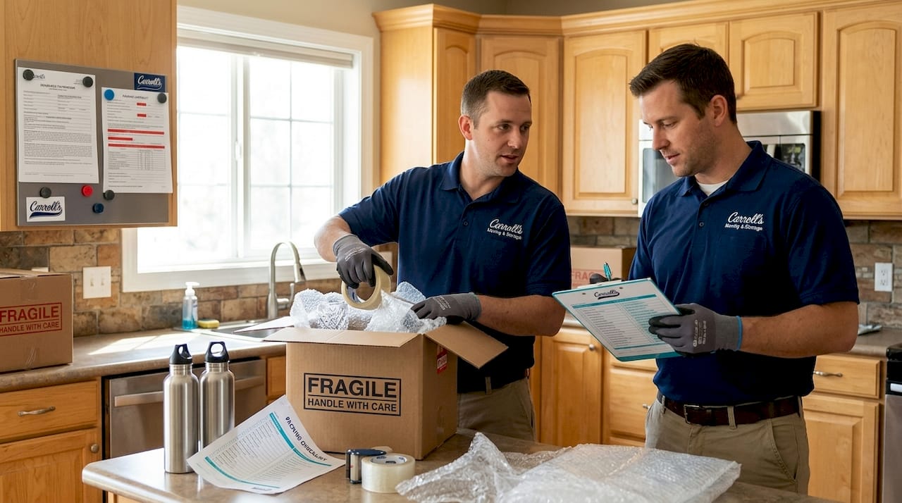 Movers packing labeled boxes with care