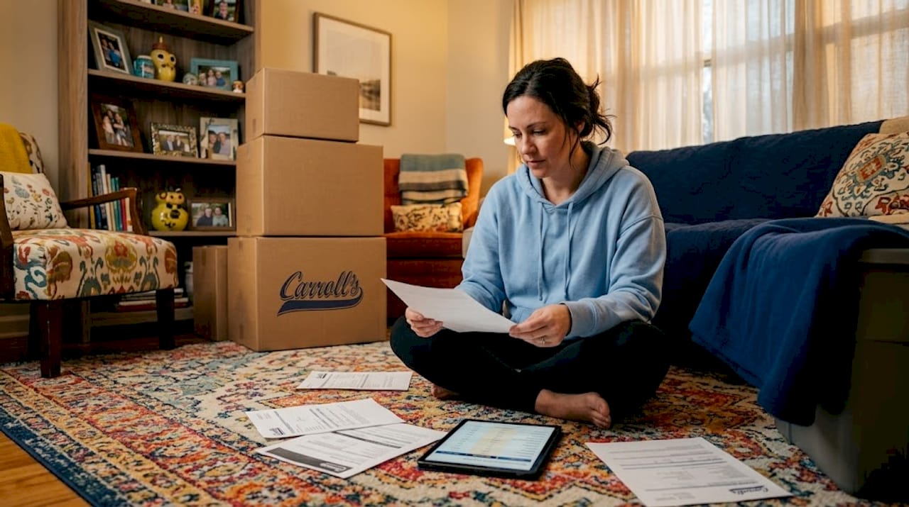 Woman comparing moving quotes in living room